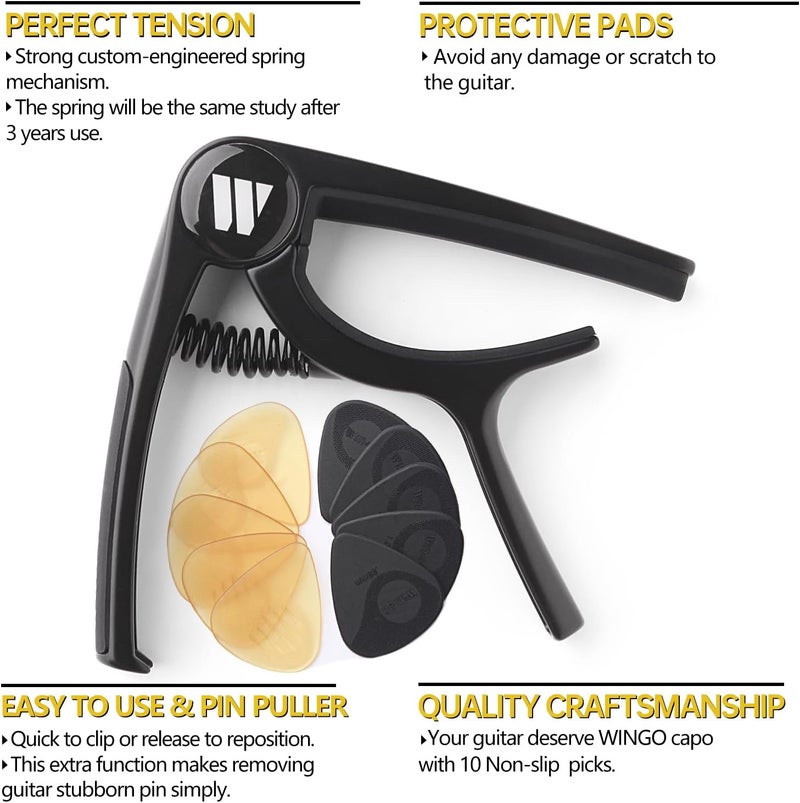 Wingo Guitar Capo for Acoustic and Electric Guitars, Ukulele, Mandolin, Banjo - Black with 10 Non-slip Picks. - Image 4